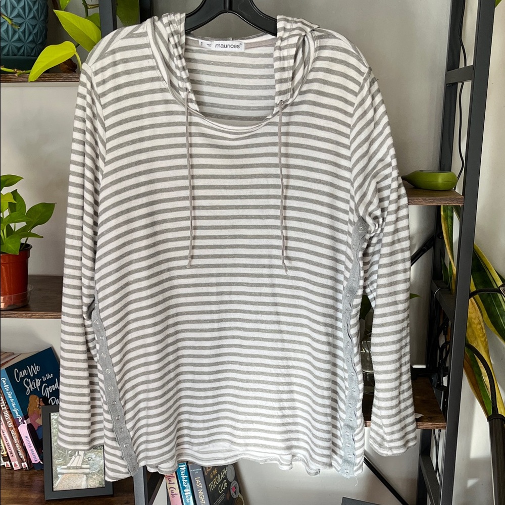 Maurices Light Gray & White Striped Hooded Pullover